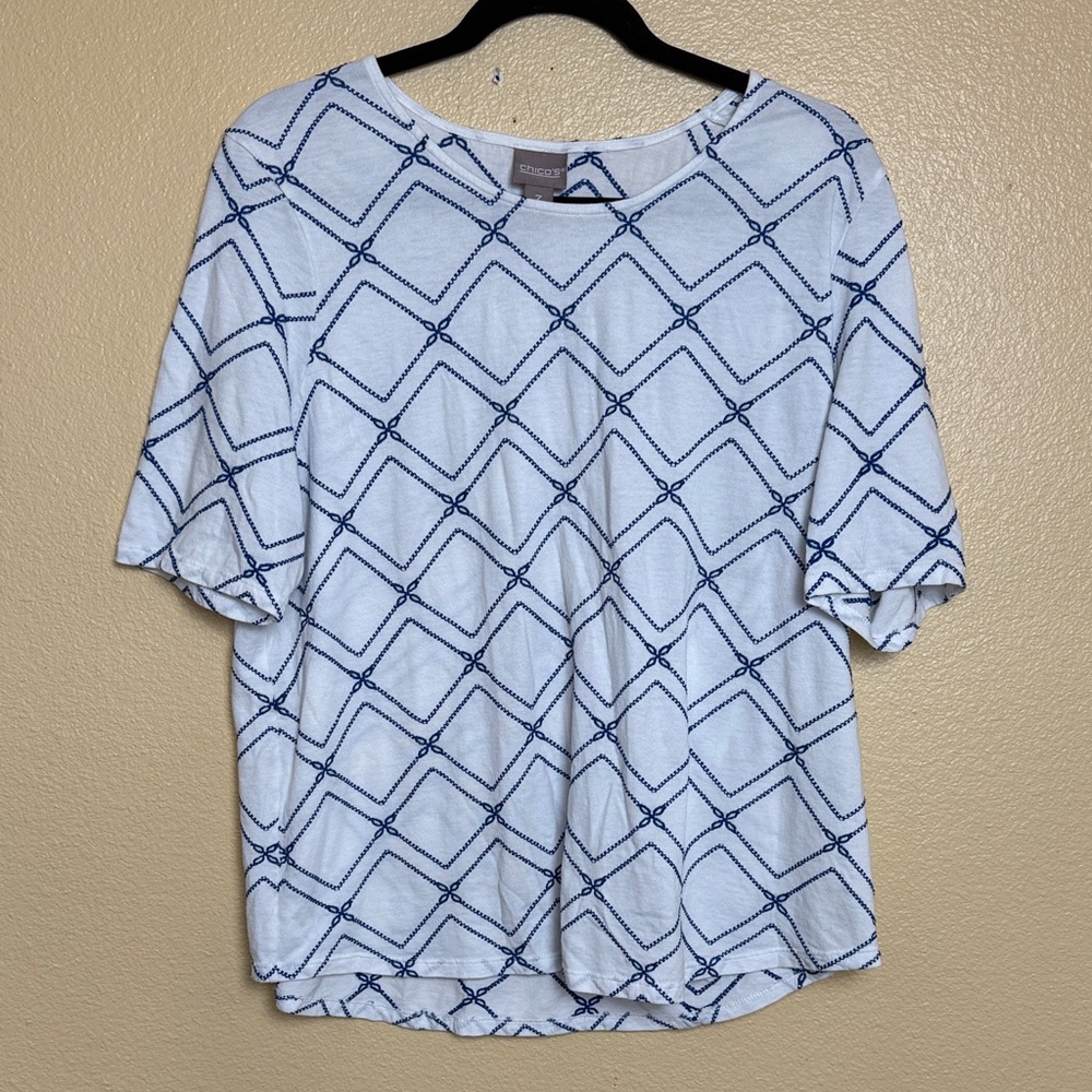 Chico's Light Blue Short Sleeve Top with Navy Lattice Print